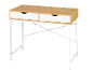 Desk with two white drawers and a wooden top on a white metal frame.