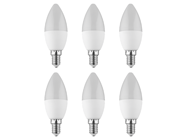 Six white LED candle light bulbs with E14 screw bases on a black background.
