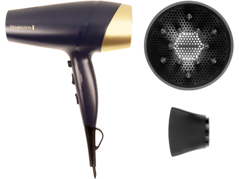 Dark blue hairdryer with gold accents, a diffuser, and a concentrator nozzle.