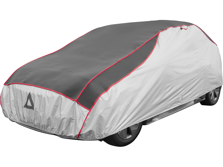Grey and silver car cover with red piping, featuring a triangle on the front.
