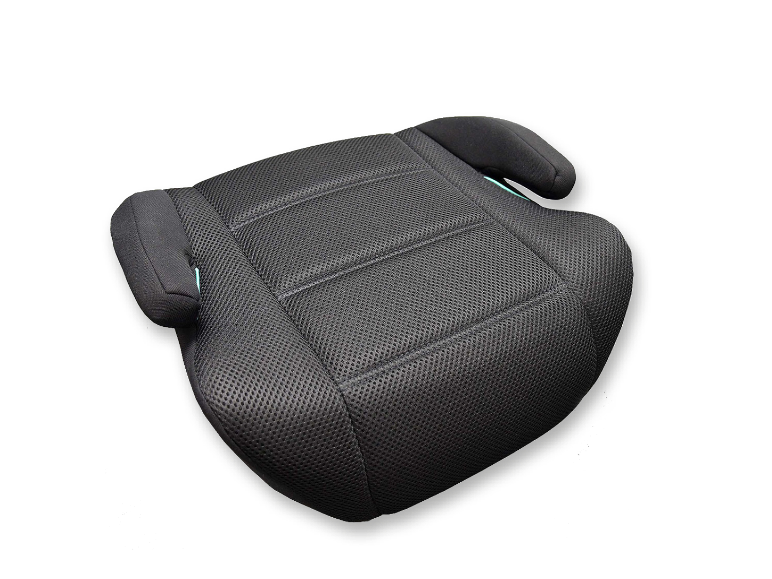 Black booster car seat with mesh upholstery.