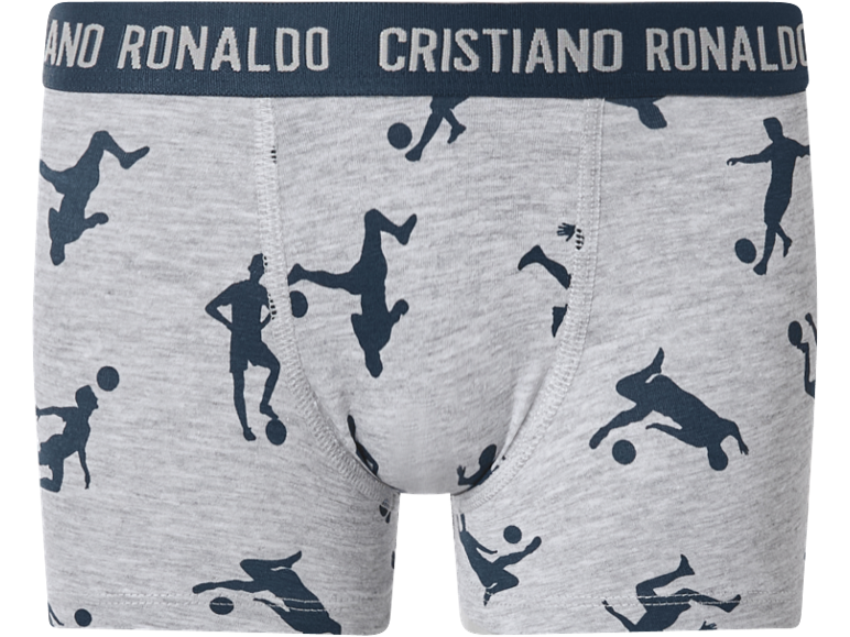 Grey men's boxers with footballer print and text on the waistband.