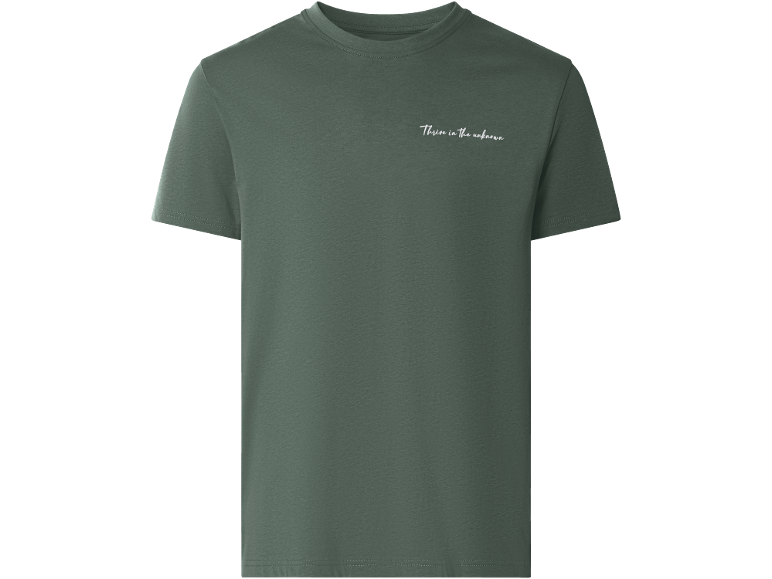 Green short-sleeved t-shirt with the text 'Thrive in the unknown'.