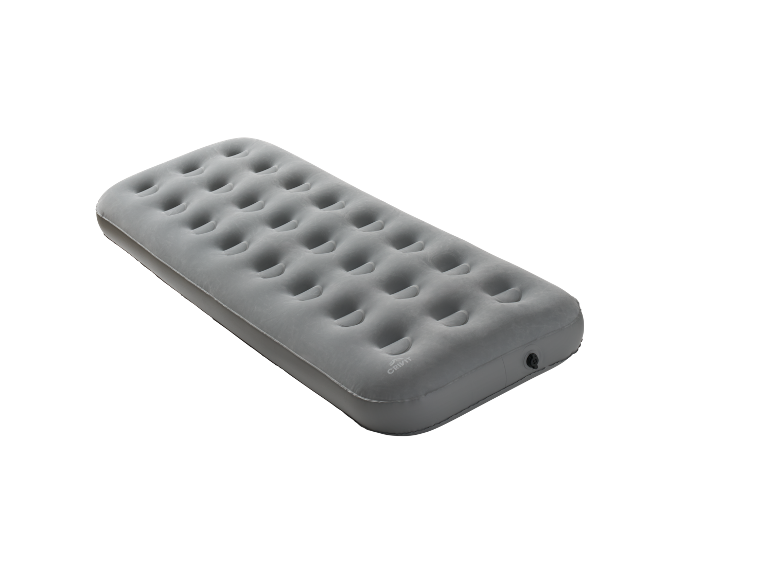 Grey inflatable camping mattress with an integrated pillow.