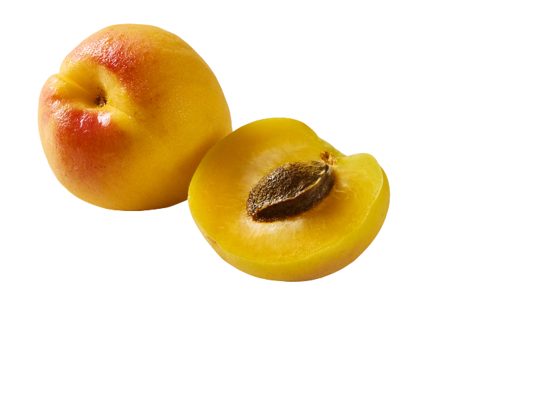 Whole apricot and half an apricot with a pit on a white background.