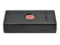 Black sharpening stone with an orange abrasive wheel and an embossing on the lid