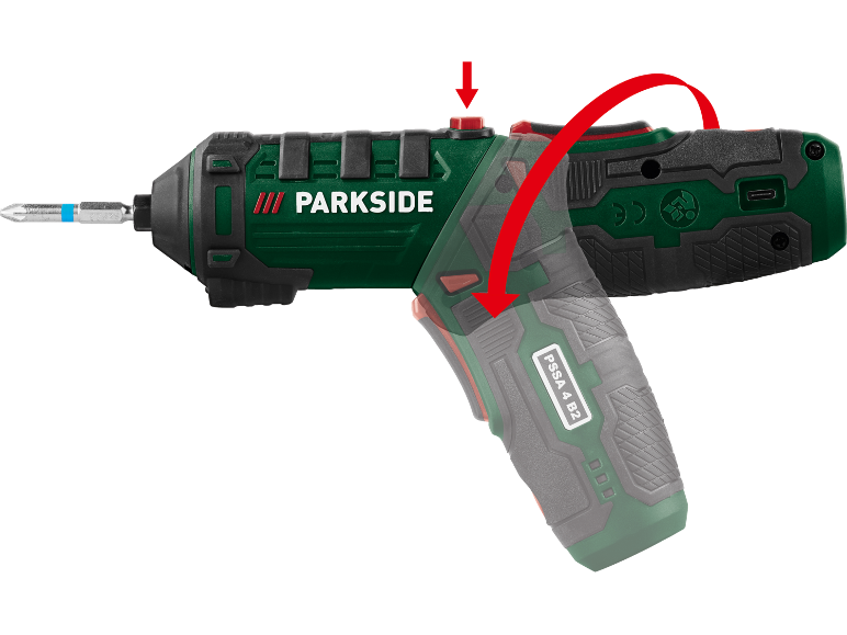 Electric screwdriver with rotating head and bit, with arrows indicating movement.
