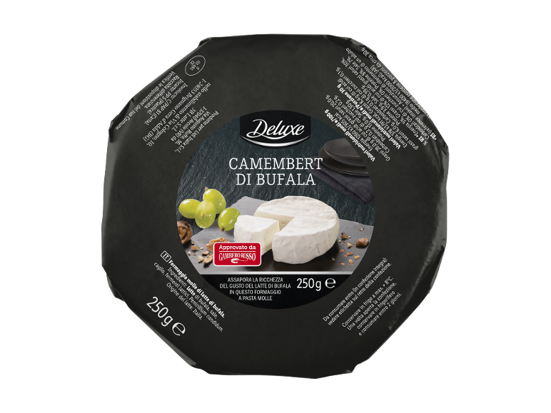 Camembert di Bufala cheese in black packaging with nutritional information and a 250g label.