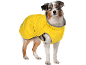 Dog in a yellow raincoat standing and looking straight ahead.