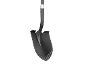 Black shovel with an adjustable handle and a serrated edge for digging.