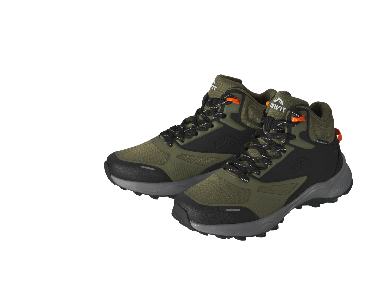 Pair of olive green and black hiking boots with orange accents