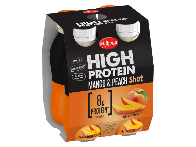 Four-pack of high protein mango & peach shots, low fat, lactose-free.