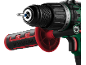 Cordless drill with chuck, bit, and red auxiliary handle