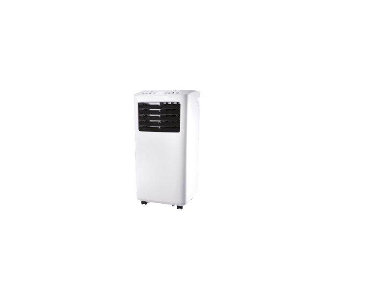 White portable air conditioner on wheels with a front grille and top control panel.