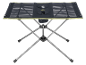 Foldable camping table with a metal frame and a black mesh surface.