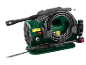 Green pressure washer with hose and accessories on a black background.