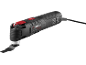 Black multi-tool with red buttons and a blade, top-down view.