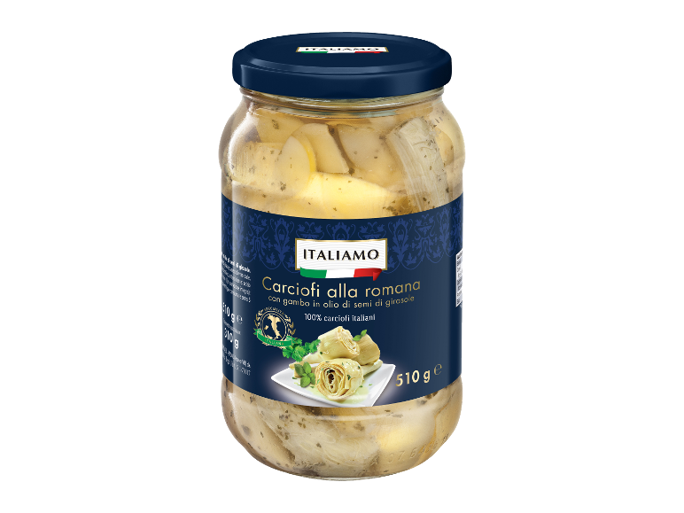 Jar of artichokes in oil, labeled 'Carciofi alla romana' with a net weight of 510g.