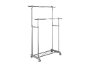 Height-adjustable double clothes rack with a bottom shelf and wheels, on a black background.