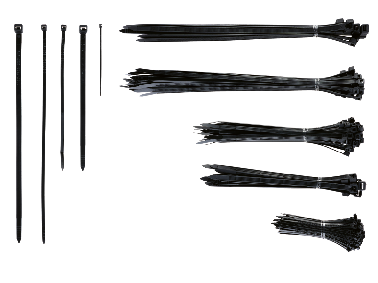Assortment of black cable ties in various sizes, some bundled together.