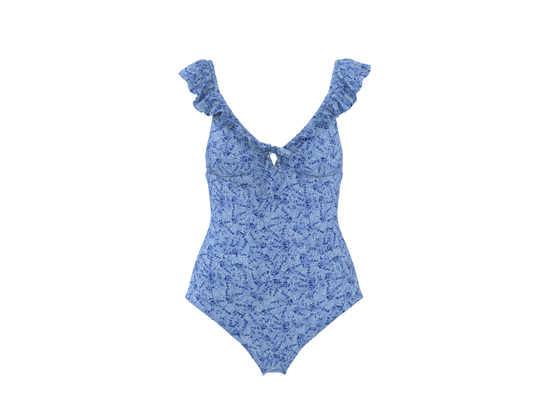 Blue floral print one-piece swimsuit with ruffled straps and a tie-front detail.