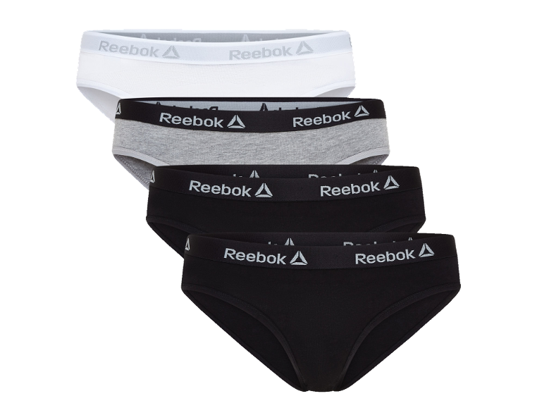 Pack of four women's briefs in white, grey, and black with an elastic waistband