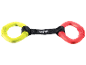 Dog toy with two rubber rings, one yellow and one red, connected by a black strap.