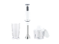 White immersion blender with a measuring cup and a chopper.