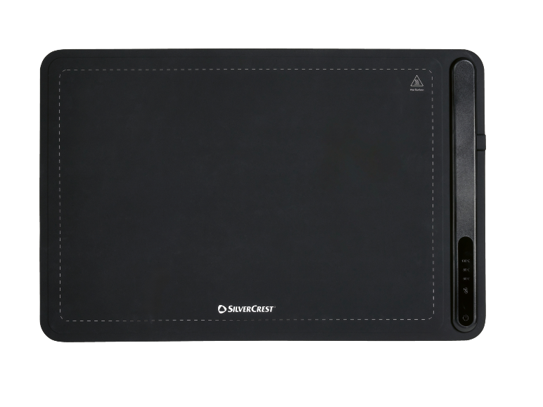 Black warming plate with a control panel and hot surface warning.