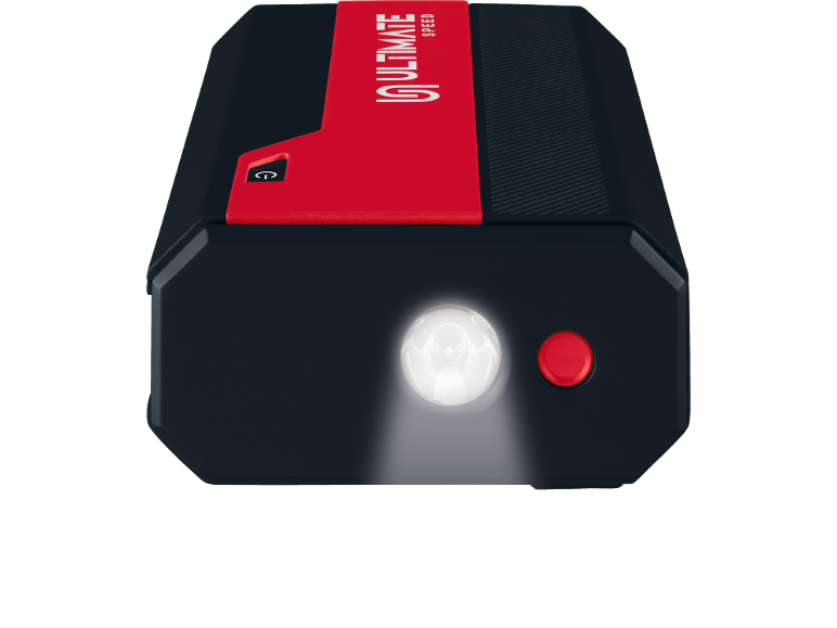 Portable jump starter with a flashlight and an on/off button.