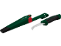 Green gardening knife with a curved blade and black handle, complete with a green sheath.