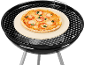Margherita pizza on a round pizza stone on a black barbecue grill.