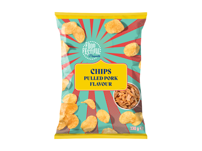Bag of pulled pork flavour chips, 130g, with a food festival themed design.