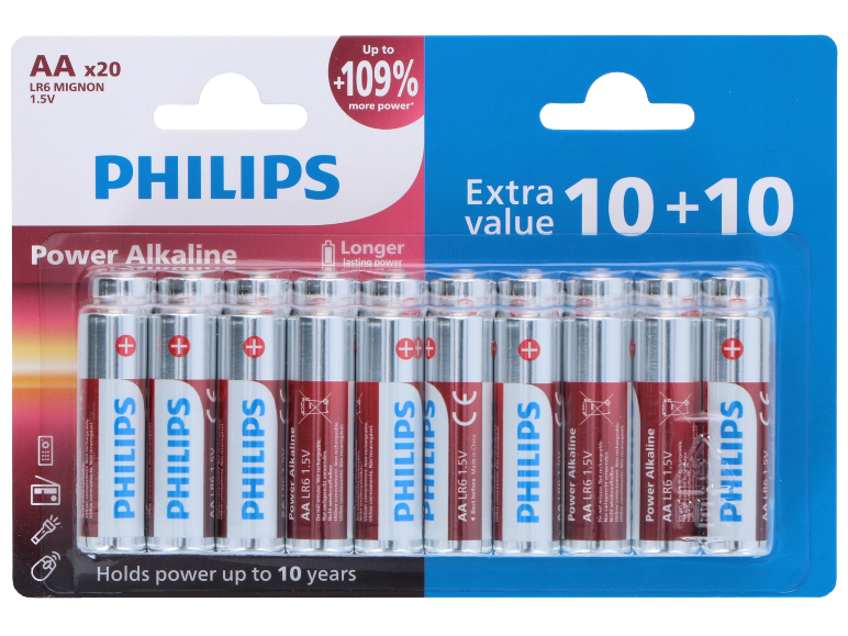 Pack of 20 AA alkaline batteries with 'Extra value 10+10' written on it.