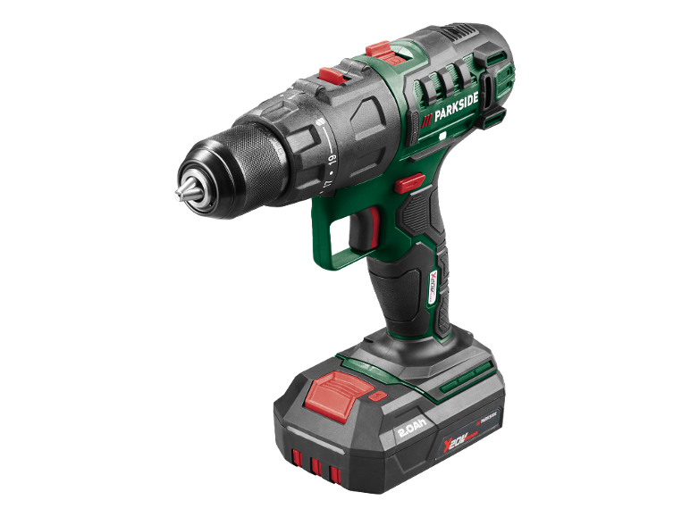 Cordless drill driver with a 2.0 Ah battery on a black background.