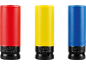 Three colorful impact socket wrenches in red, yellow, and blue, sized 21, 19, and 17.