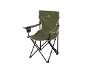 Green folding camping chair with armrests and a cup holder.