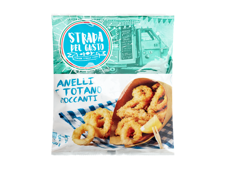 Packet of crispy squid rings 'Strada del Gusto' with an Italian street food menu.