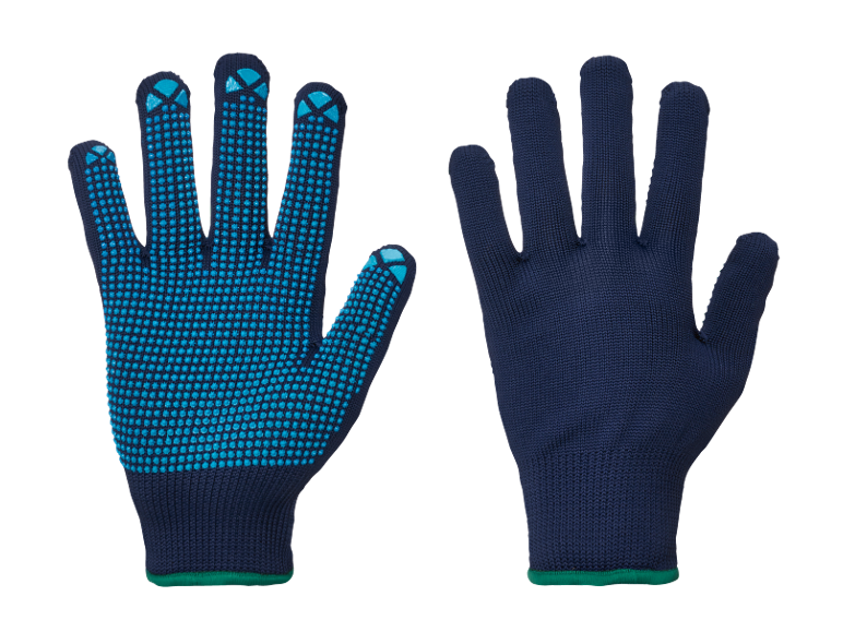 A pair of dark blue work gloves with light blue anti-slip dots.
