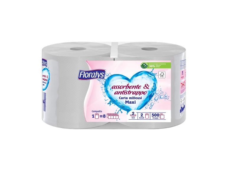 Toilet paper packaging with the text 'assorbente & antistrappo Carta milleusi Maxi'.