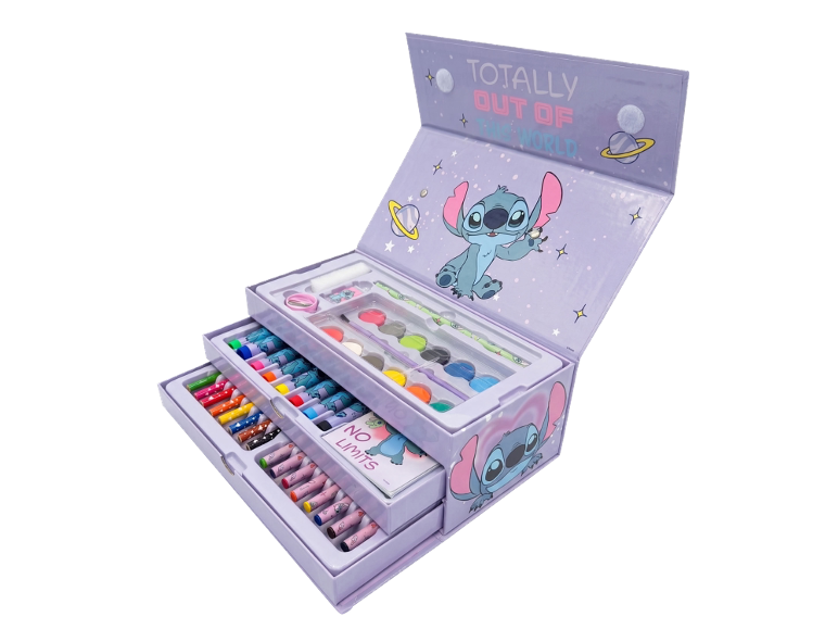 Purple Stitch-themed drawing case with paints, markers, and crayons.