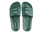 A pair of green slides with a '30 YEARS EST. 1996' logo and red stitching.