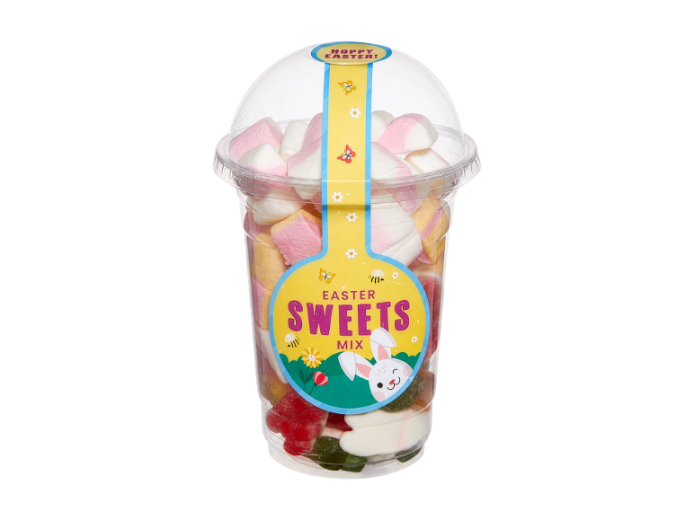 Cup with marshmallows and jelly sweets, with an 'Easter Sweets Mix' label and bunny.
