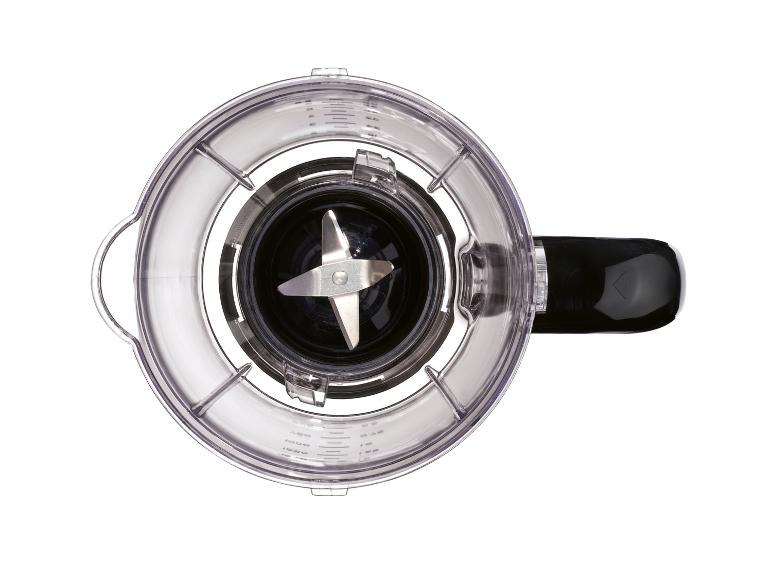 Overhead shot of clear blender containers with blades.