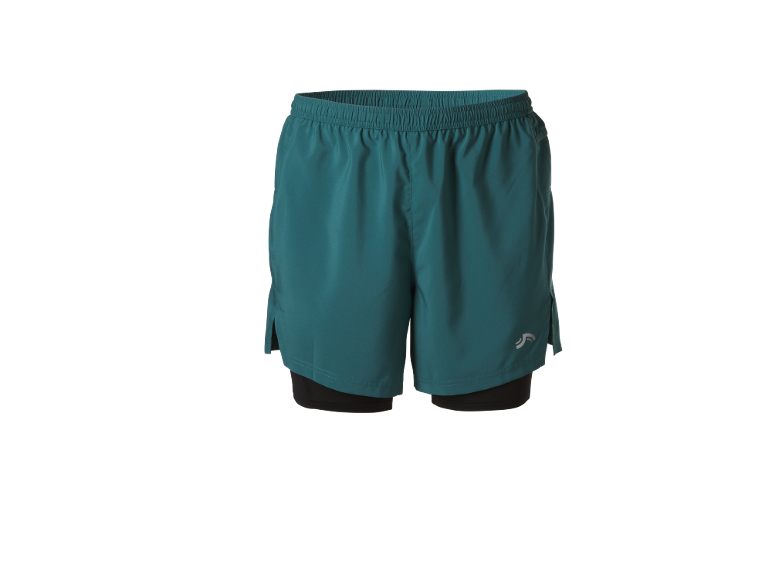Men's teal sports shorts with a black inner layer.