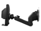 Black car phone holder with a suction cup and adjustable arm.