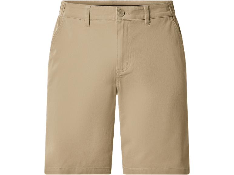 Khaki shorts with an elastic waistband and side pockets.