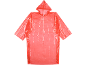 Red disposable rain poncho with a hood.