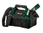 Black tool bag with green accents, pliers, and a level.