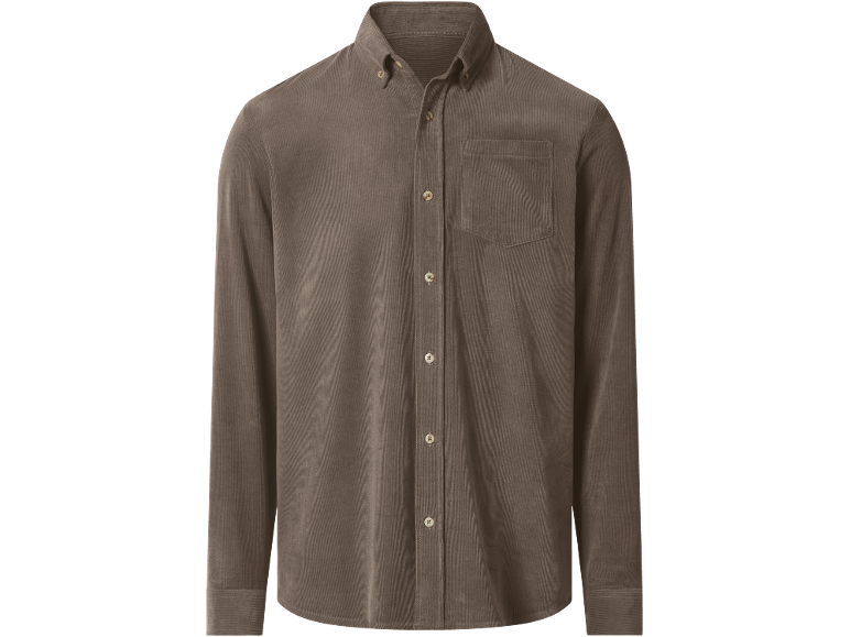 Brown corduroy shirt with buttons and a chest pocket.